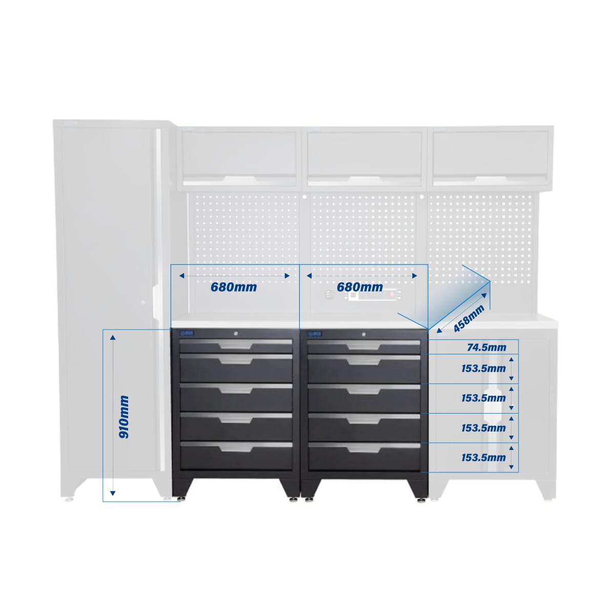 SGS 10pc Modular Garage Storage | 10 Drawers | Stainless Steel Worktop | Floor Cabinet | Tall Single Cabinet | 3x Upper Cabinets | Pegboard with Power Strip